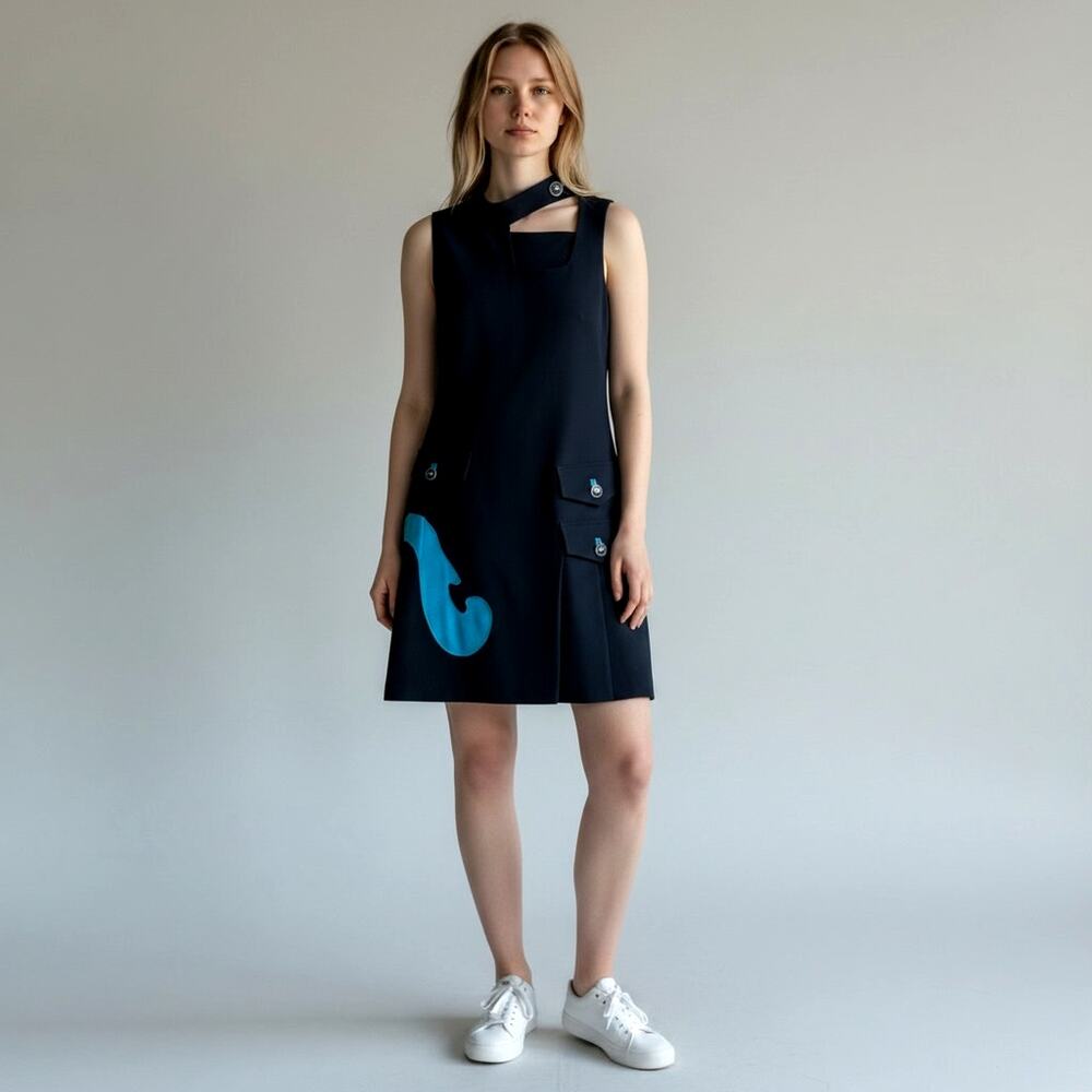 Sportstaff Black Sleeveless Shift Dress Blue Applique Mock Neck US 8